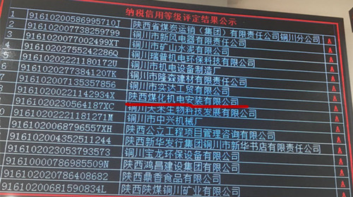 陜煤建設(shè)機電安裝公司：榮獲2018年納稅信用“A”級企業(yè)